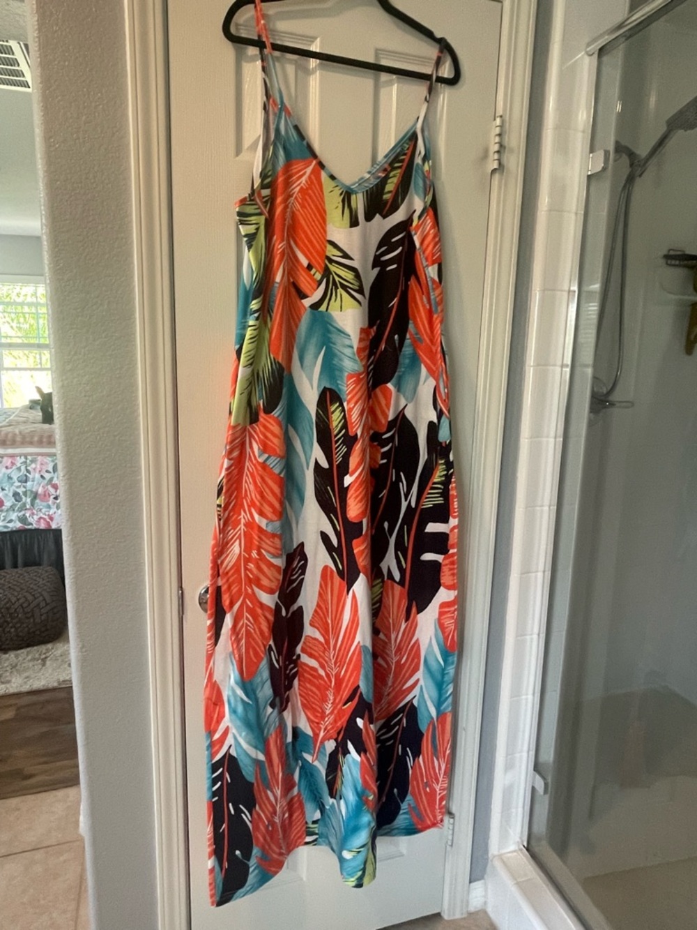 Tropical Leaf Print Maxi Dress - Orange & Teal